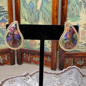 Vintage 80s 90s Multicolor Enamel Teardrop Post Pierced Earrings Artsy Boho